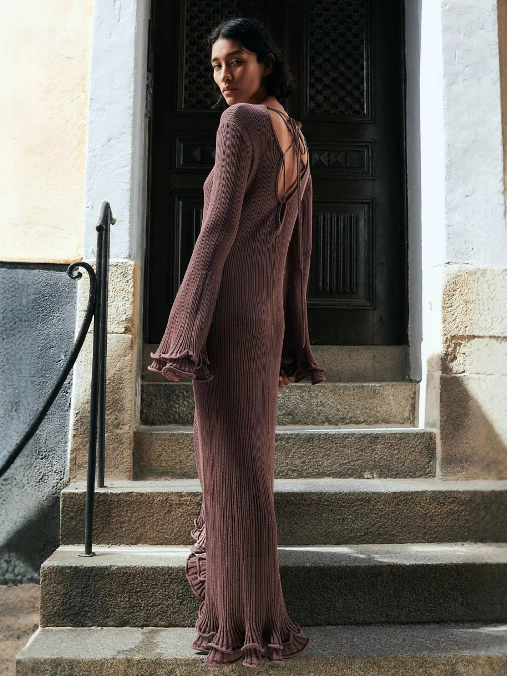 ZARA Fall Solid Color Round Neck Long Sleeve Slim Fit Ruffle Dress